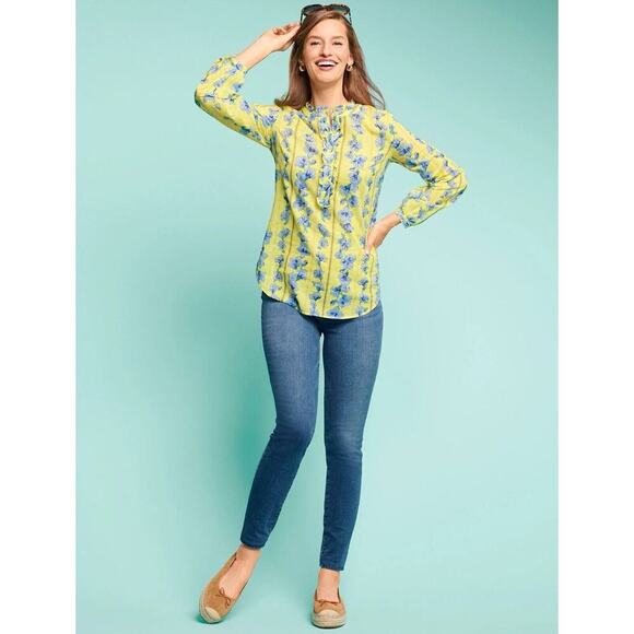Talbots Tops - TALBOTS Cotton Feminine Popover Skipping Floral Yellow Print Blouse Size Small